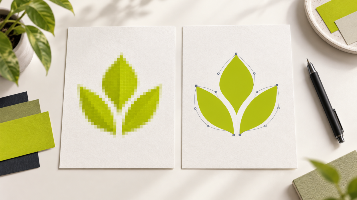 Illustration: ein pixeliges grünes Zeichen neben einer sauber konturierten Version mit angedeuteten Vektorpunkten.
